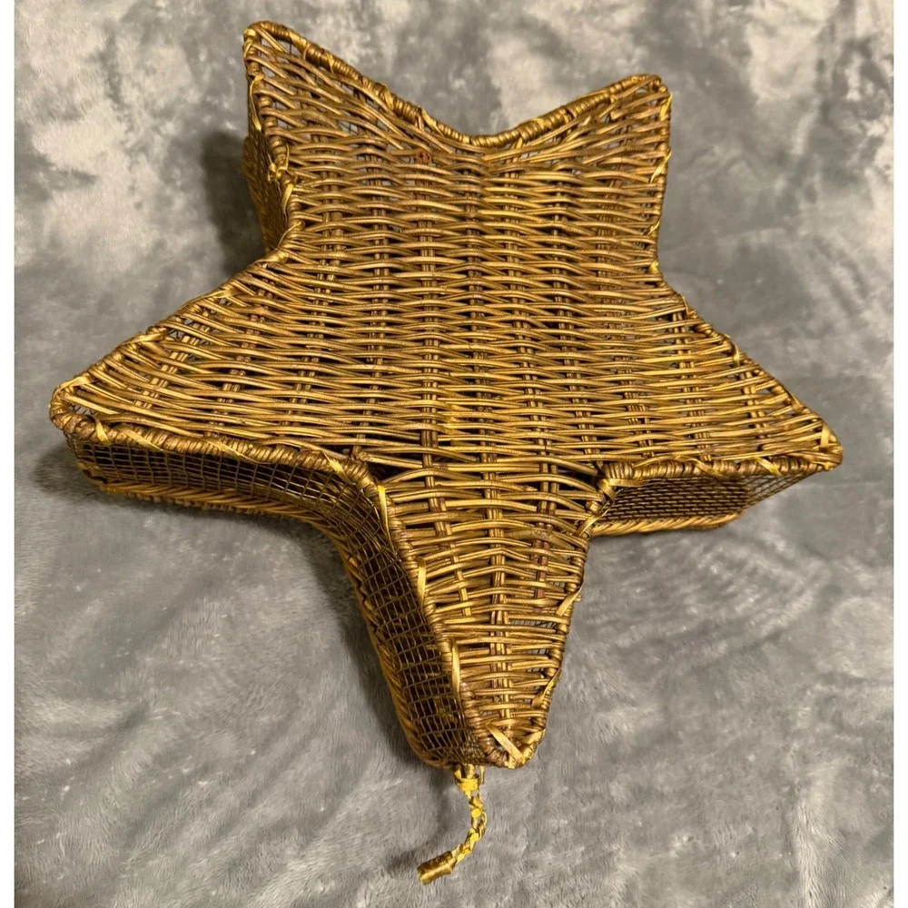 Vintage Gold Wicker Star Basket Hinged Lid Celestial Decor Gift Box Boho Star